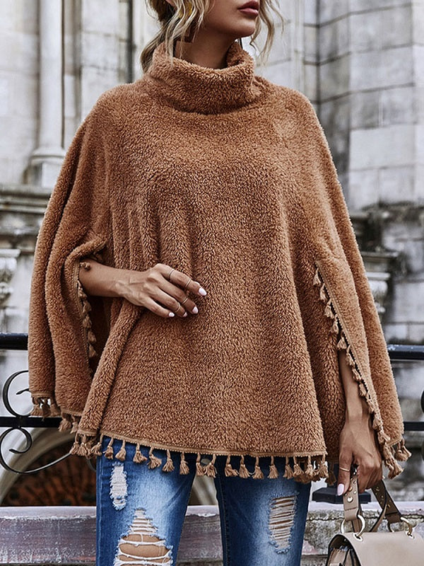 Poncho High Collar Tassels Fringe Cape Outwear