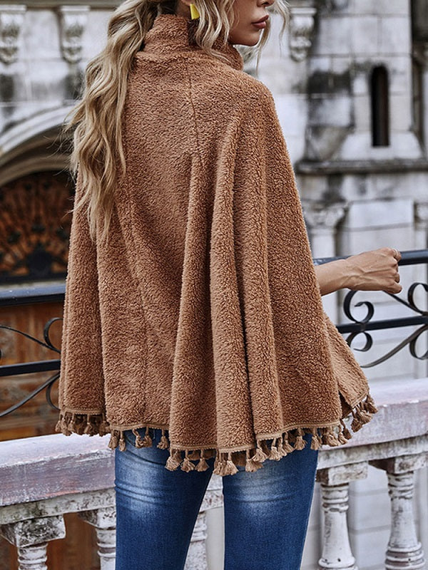 Poncho High Collar Tassels Fringe Cape Outwear