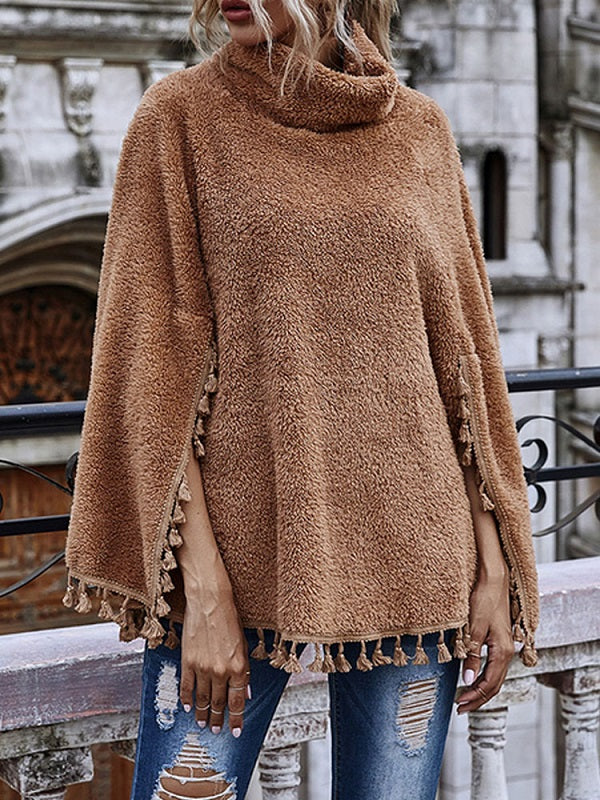 Poncho High Collar Tassels Fringe Cape Outwear