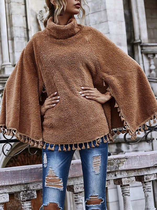 Poncho High Collar Tassels Fringe Cape Outwear