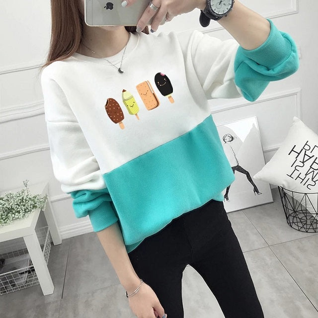 Print Casual O-neck Pullovers Hoodies Fleece Warm Cotton Sweatshirt