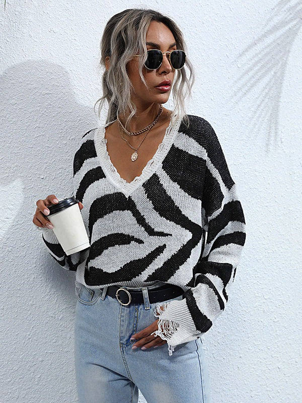 Print V-Neck Long Sleeves Polyester Sweaters
