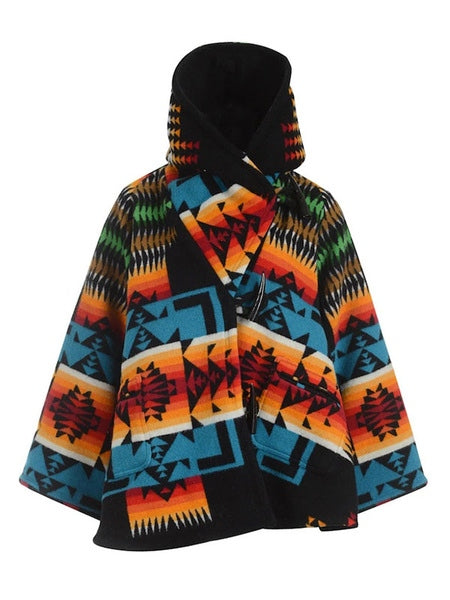 Printed High Collar Hooded Casual Color Block Coat