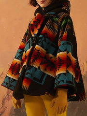 Printed High Collar Hooded Casual Color Block Coat