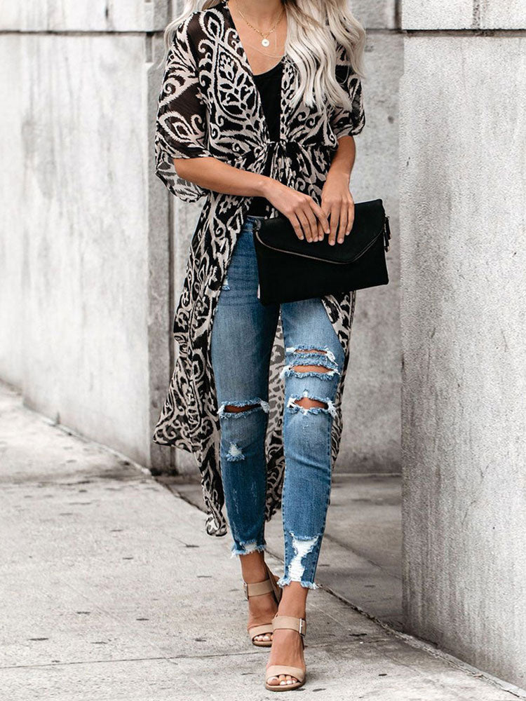 Printed Pattern Half-Sleeve Polyester Long Outerwear