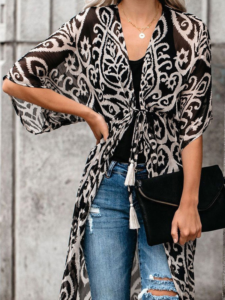 Printed Pattern Half-Sleeve Polyester Long Outerwear