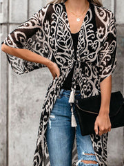 Printed Pattern Half-Sleeve Polyester Long Outerwear