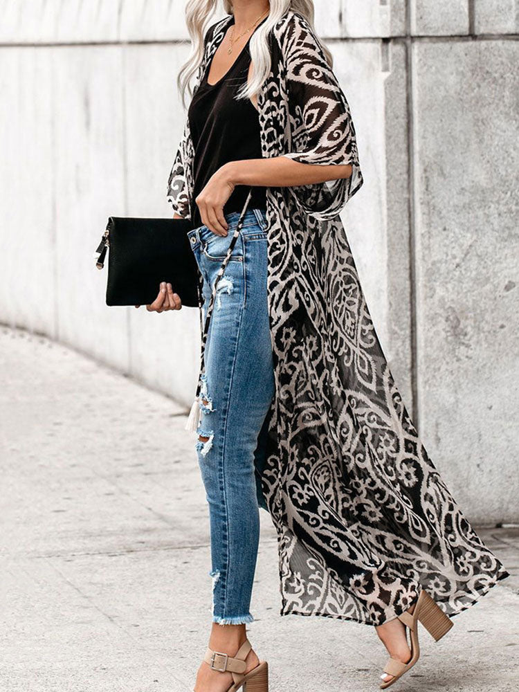 Printed Pattern Half-Sleeve Polyester Long Outerwear