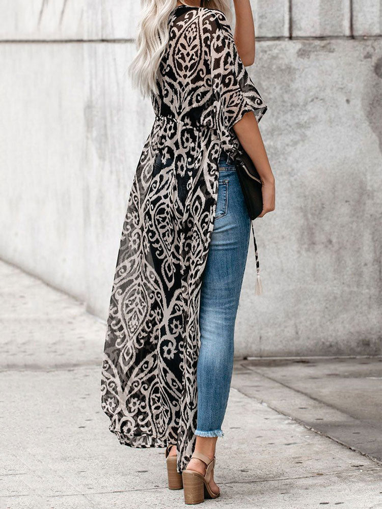 Printed Pattern Half-Sleeve Polyester Long Outerwear