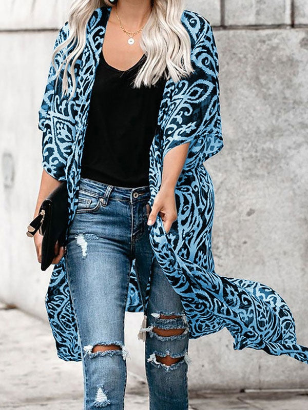 Printed Pattern Half-Sleeve Polyester Long Outerwear