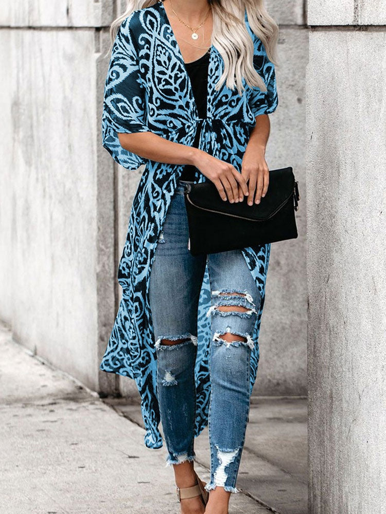 Printed Pattern Half-Sleeve Polyester Long Outerwear
