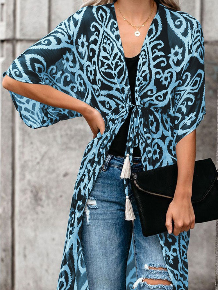 Printed Pattern Half-Sleeve Polyester Long Outerwear