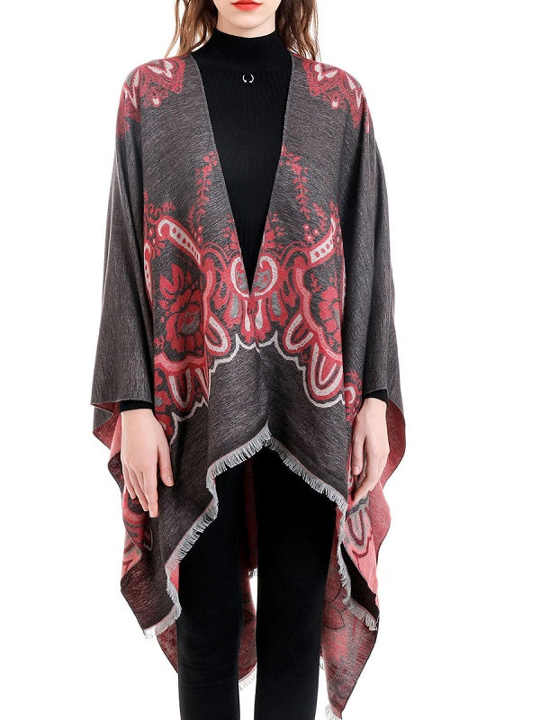 Printed Poncho Irregular Warmth Preservation Oversized Piping Cape