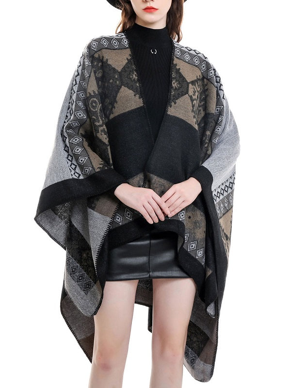 Printed Poncho Irregular Warmth Preservation Oversized Piping Cape