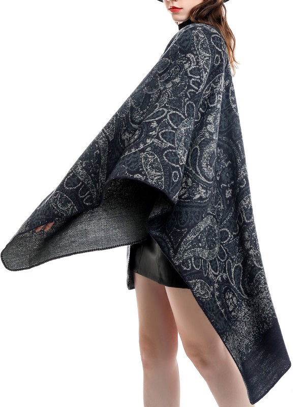 Printed Poncho Irregular Warmth Preservation Oversized Piping Cape
