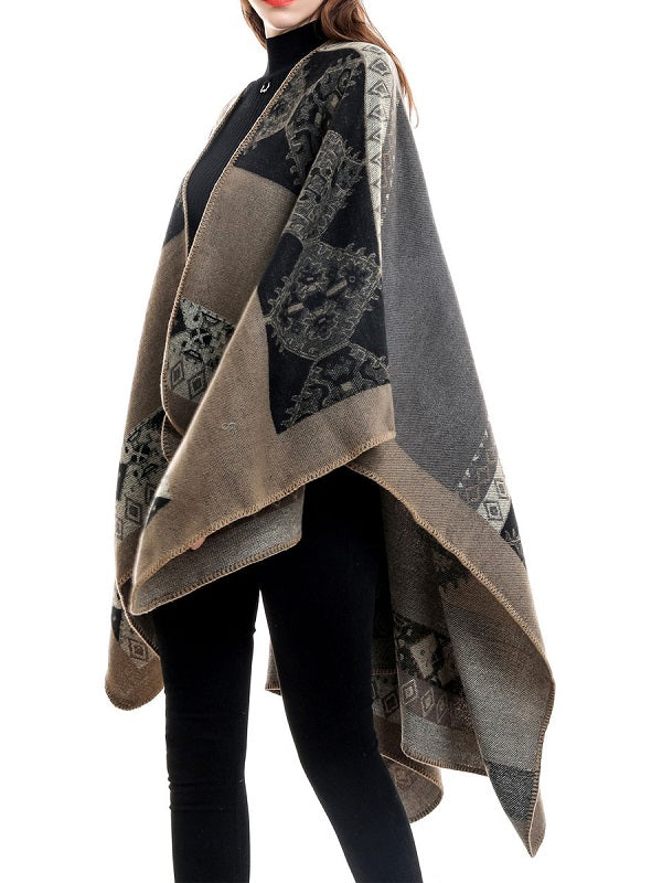 Printed Poncho Irregular Warmth Preservation Oversized Piping Cape