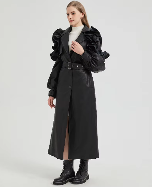 Pu Leather Long Ruffled Fashion Solid Wiast Elegant And Vintage Coat