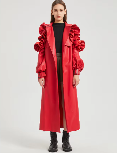 Pu Leather Long Ruffled Fashion Solid Wiast Elegant And Vintage Coat