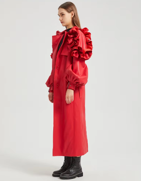 Pu Leather Long Ruffled Fashion Solid Wiast Elegant And Vintage Coat