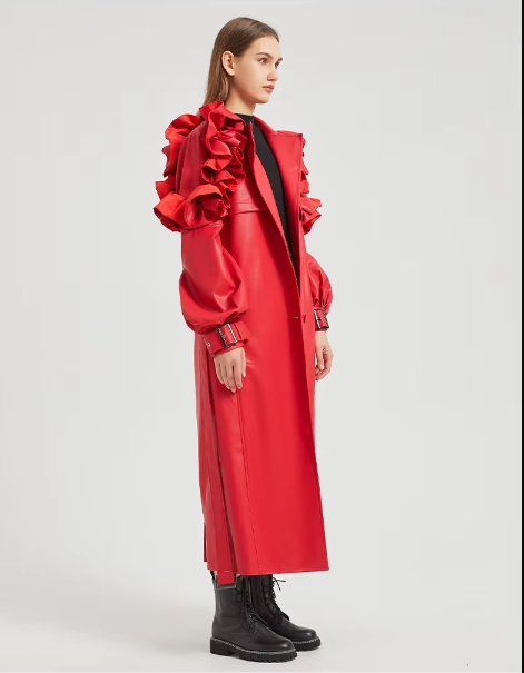 Pu Leather Long Ruffled Fashion Solid Wiast Elegant And Vintage Coat