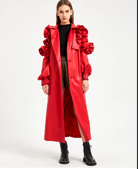 Pu Leather Long Ruffled Fashion Solid Wiast Elegant And Vintage Coat