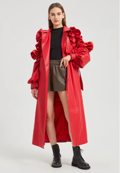 Pu Leather Long Ruffled Fashion Solid Wiast Elegant And Vintage Coat