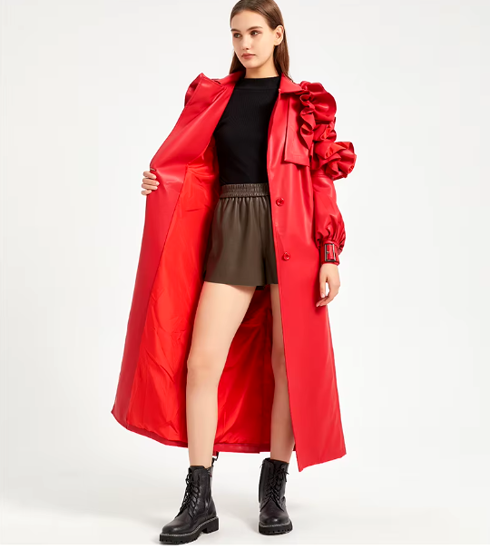 Pu Leather Long Ruffled Fashion Solid Wiast Elegant And Vintage Coat