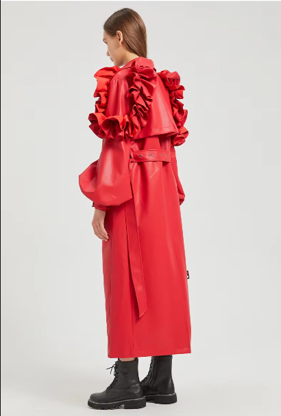 Pu Leather Long Ruffled Fashion Solid Wiast Elegant And Vintage Coat