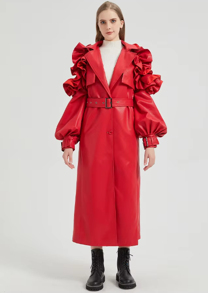 Pu Leather Long Ruffled Fashion Solid Wiast Elegant And Vintage Coat
