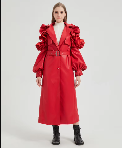 Pu Leather Long Ruffled Fashion Solid Wiast Elegant And Vintage Coat