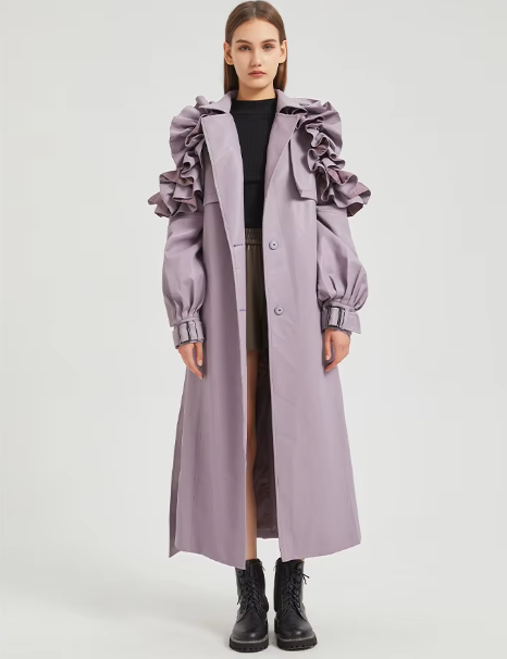 Pu Leather Long Ruffled Fashion Solid Wiast Elegant And Vintage Coat