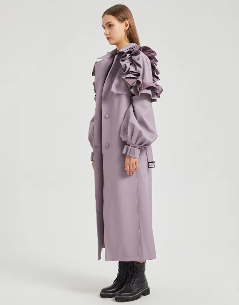 Pu Leather Long Ruffled Fashion Solid Wiast Elegant And Vintage Coat