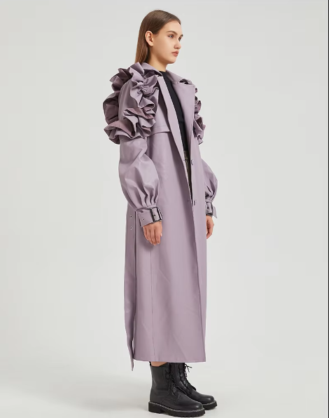 Pu Leather Long Ruffled Fashion Solid Wiast Elegant And Vintage Coat
