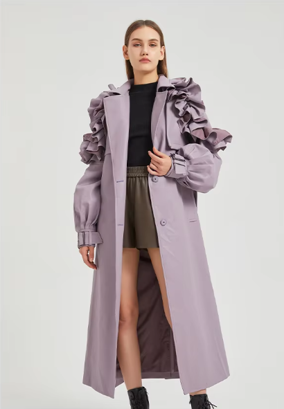 Pu Leather Long Ruffled Fashion Solid Wiast Elegant And Vintage Coat