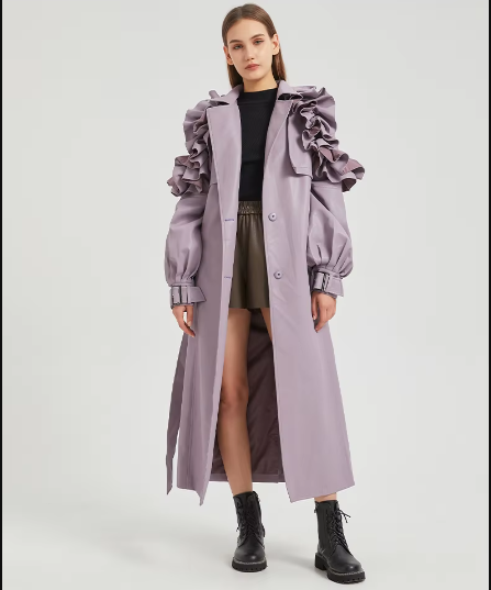 Pu Leather Long Ruffled Fashion Solid Wiast Elegant And Vintage Coat