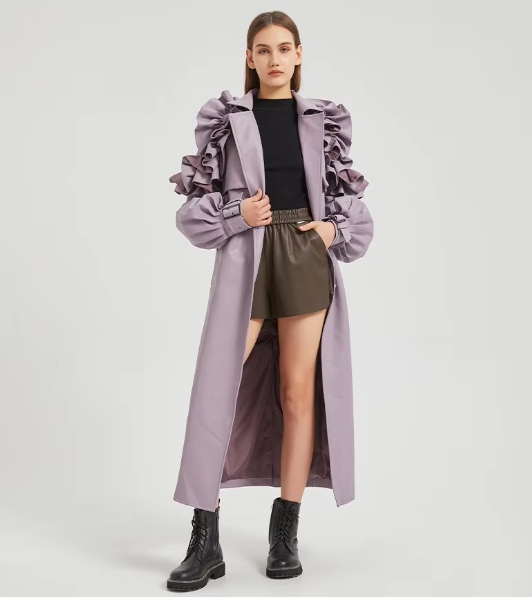 Pu Leather Long Ruffled Fashion Solid Wiast Elegant And Vintage Coat