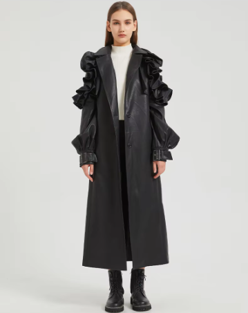 Pu Leather Long Ruffled Fashion Solid Wiast Elegant And Vintage Coat