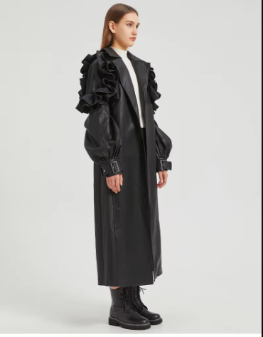 Pu Leather Long Ruffled Fashion Solid Wiast Elegant And Vintage Coat