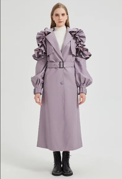 Pu Leather Long Ruffled Fashion Solid Wiast Elegant And Vintage Coat