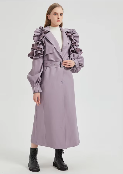Pu Leather Long Ruffled Fashion Solid Wiast Elegant And Vintage Coat