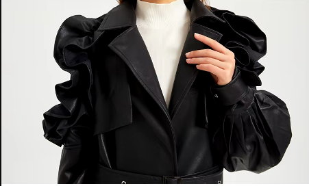 Pu Leather Long Ruffled Fashion Solid Wiast Elegant And Vintage Coat