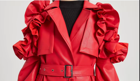 Pu Leather Long Ruffled Fashion Solid Wiast Elegant And Vintage Coat