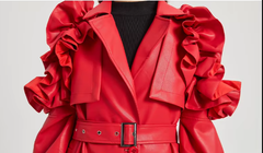Pu Leather Long Ruffled Fashion Solid Wiast Elegant And Vintage Coat