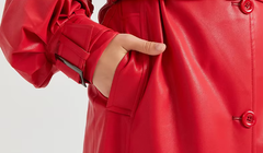 Pu Leather Long Ruffled Fashion Solid Wiast Elegant And Vintage Coat