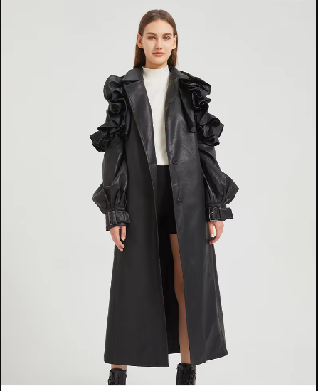 Pu Leather Long Ruffled Fashion Solid Wiast Elegant And Vintage Coat