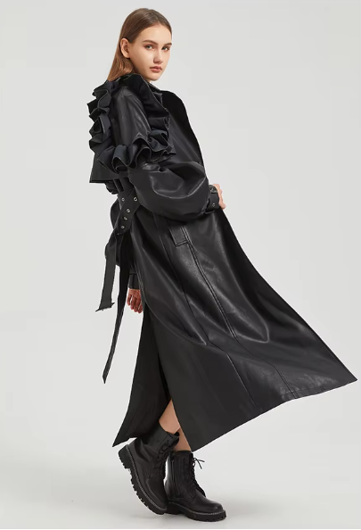 Pu Leather Long Ruffled Fashion Solid Wiast Elegant And Vintage Coat