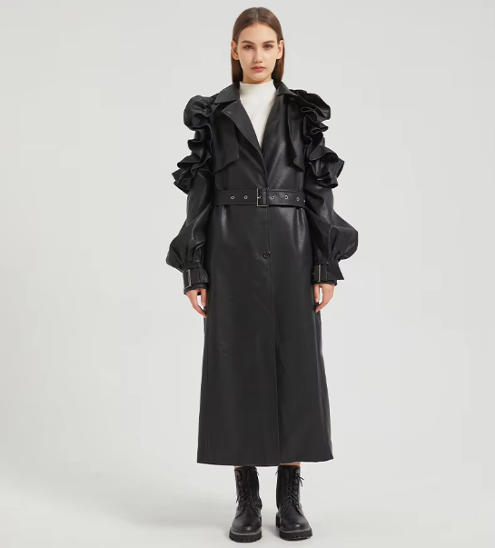 Pu Leather Long Ruffled Fashion Solid Wiast Elegant And Vintage Coat