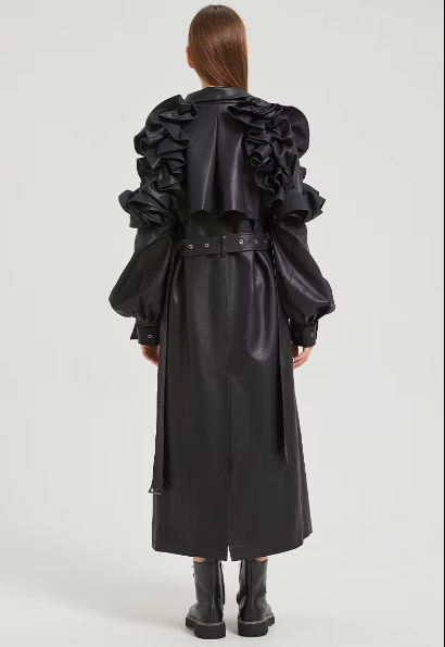 Pu Leather Long Ruffled Fashion Solid Wiast Elegant And Vintage Coat