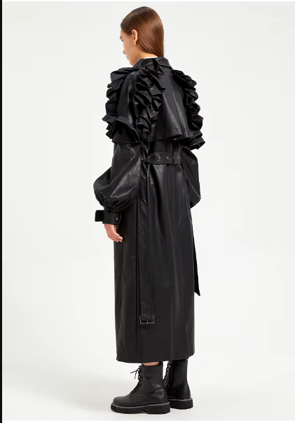 Pu Leather Long Ruffled Fashion Solid Wiast Elegant And Vintage Coat