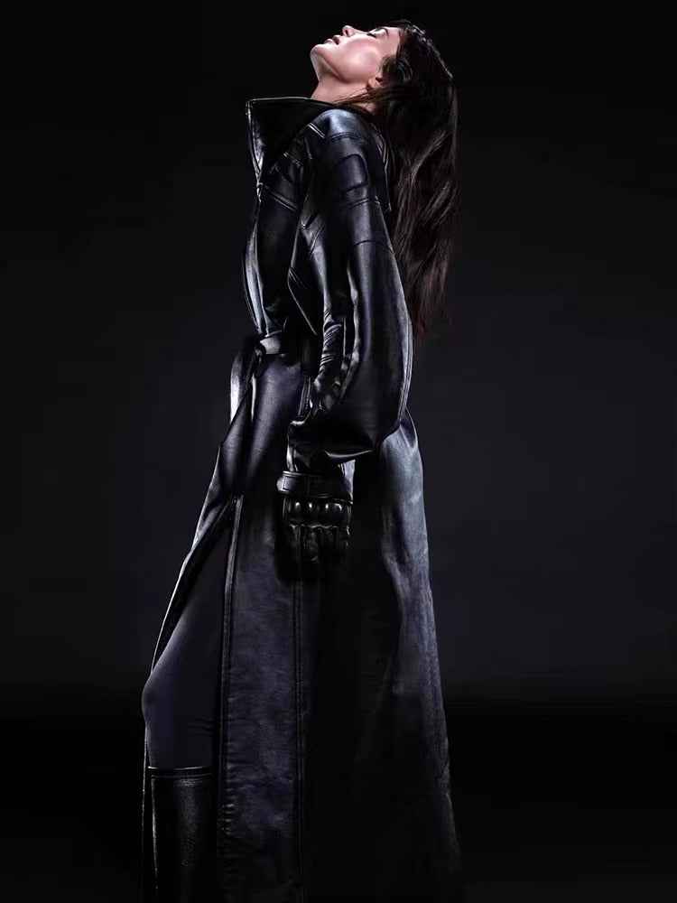 Pu Leather with Double Side High Slit Luxury Designer Runway Trench Coat